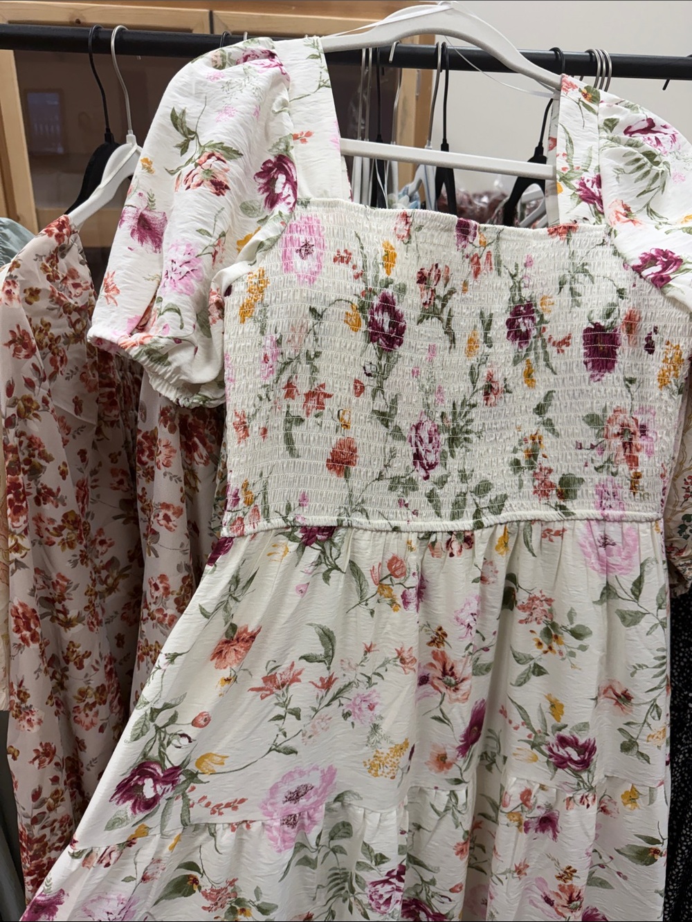 Cream Floral Smocked Midi Dress with Puff Sleeves - Picture 2 of 3